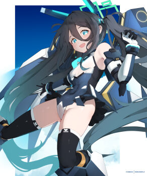 Rule 34 | 1girl, aqua halo, aris (armed) (blue archive), aris (blue archive), artist name, black thighhighs, blue archive, blue eyes, blue necktie, covered navel, hair between eyes, halo, headgear, highleg, highleg leotard, highres, leotard, long hair, long hair between eyes, mecha musume, mechanical legs, mechanical wings, multicolored leotard, necktie, official alternate costume, rectangular halo, ringed eyes, showgirl skirt, smile, sonaworld, thighhighs, twintails, wings