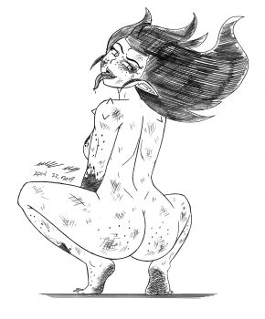 1girl alien artist_logo ass ass_freckles back body_freckles borrowed_character breasts commentary completely_nude dated deadmann_artworks dimples_of_venus dirt drooling english_commentary fangs freckles from_behind greyscale highres juniper_(chemical_bro) large_breasts logo long_hair looking_at_viewer looking_back monochrome monster monster_girl nude original pointy_ears saliva shoulder_spikes signature slovenly solo spikes squatting tongue tongue_out