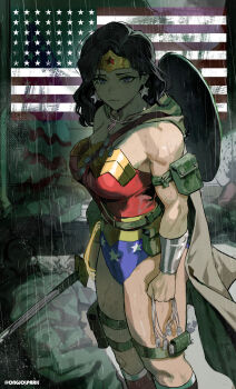 absurdres american_flag black_hair blood blood_on_ground blue_eyes bracer breasts camouflage camouflage_pants cape circlet corpse dc_comics death dog_tags dying earrings highres holding holding_sword holding_weapon jewelry large_breasts lasso lasso_of_truth multiple_necklaces muscular muscular_female pants park_ongjol pile_of_corpses rain shield star_(symbol) star_earrings superhero_costume sword tears tiara weapon wonder_woman wonder_woman_(series)
