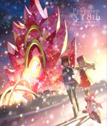 1boy 1girl baseball_cap black-framed_eyewear boots bracelet brown_footwear calem_(pokemon) cloud cocoloco commentary_request copyright_name dated diancie gen_6_pokemon hat jacket jewelry legendary_pokemon long_sleeves mythical_pokemon nintendo outdoors pants pink_headwear pleated_skirt pokemon pokemon_(creature) pokemon_xy red_headwear red_skirt serena_(pokemon) shirt skirt sky sleeveless sleeveless_shirt standing sunglasses white-framed_eyewear