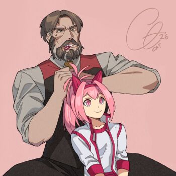 1boy 1girl animal_ears beard black_pants black_vest brown_hair closed_mouth collared_shirt commentary ear_covers english_commentary facial_hair hair_tie_in_mouth hairband hairdressing haru_urara_(bestest_prize)_(umamusume) haru_urara_(umamusume) horse_ears horse_girl jacket long_hair mouth_hold mustache necktie pants pink_background pink_eyes pink_hair red_hairband shirt short_hair signature sleepcatz sleeves_rolled_up smile trainer_(umamusume) umamusume vest white_jacket white_shirt yellow_necktie