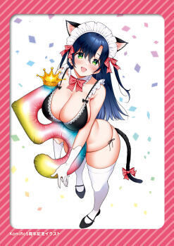 1girl :d animal_ears balloon bikini black_bikini black_shoes blue_hair blush bow bowtie breasts cat_ears cat_tail cleavage collarbone confetti crossed_bangs crown detached_collar embarrassed extra_ears fake_animal_ears flats frills from_above full_body gloves green_eyes hair_between_eyes hair_bow highres holding holding_balloon huge_breasts large_breasts long_hair looking_at_viewer maid maid_bikini maid_headdress mojarin_(kihara_mojarin) nadeshiko-san_just_can&#039;t_say_no! nadeshiko_(nadeshiko-san_just_can&#039;t_say_no!) number_balloon numbered open_mouth pink_bow shoes side-tie_bikini_bottom sidelocks smile solo standing swimsuit tail tail_bow tail_ornament tareme thighhighs thighs third-party_source two_side_up unconventional_maid white_gloves white_thighhighs