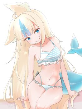 Rule 34 | 1girl, animal ear fluff, animal ears, bikini, blonde hair, blue bikini, blue eyes, blue hair, breasts, cat ears, fins, fish girl, fish tail, highres, iamurnae, indie virtual youtuber, long hair, looking at viewer, multicolored hair, sameko saba, small breasts, solo, streaked hair, striped bikini, striped clothes, swimsuit, tail, very long hair, virtual youtuber, white bikini