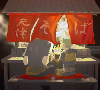 Rule 34 | animal ears, backpack, bag, bench, blacksmith (ragnarok online), commentary request, dated commentary, fake animal ears, feet out of frame, food stand, from behind, green hair, grey pants, grey shirt, hunter (ragnarok online), light bulb, looking at another, lowres, male focus, oomojiya, outdoors, pants, pillow, rabbit ears, ragnarok online, shirt, short hair, sitting, steam, yatai