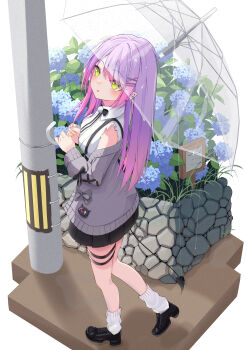 1girl absurdres blush breasts commentary_request day flower from_above from_side full_body grass green_eyes highres hololive hydrangea jacket looking_at_viewer mumei_(mumeillust1123) open_clothes open_jacket outdoors perspective purple_hair rain shirt sign sleeveless socks thigh_strap tokoyami_towa tokoyami_towa_(jirai_kei) transparent transparent_umbrella umbrella utility_pole virtual_youtuber walking white_shirt white_socks