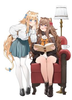 2girls absurdres animal_ears bell black_footwear blue_eyes book boots bow brown_socks closed_mouth collarbone couch cross-laced_footwear facial_tattoo full_body hair_between_eyes hand_on_own_hip heart heart_tattoo highres holding holding_book light_brown_hair loafers long_hair long_sleeves multiple_girls nyum on_couch open_mouth original pantyhose purple_eyes shirt shoes short_hair sitting skirt socks standing tail tail_bell tail_bow tail_ornament tattoo teeth upper_teeth_only white_background white_pantyhose white_shirt