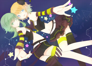 Rule 34 | 2girls, arm warmers, black arm warmers, black bow, black shirt, black shorts, black thighhighs, blonde hair, blue eyes, bow, breasts, closed mouth, commentary request, green eyes, green hair, green nails, gumi, hair bow, kagamine rin, key271, looking at viewer, luvoratorrrrry! (vocaloid), medium breasts, medium hair, multiple girls, nail polish, parted lips, shirt, short hair, shorts, single thighhigh, sleeveless, sleeveless shirt, smile, strapless, strapless shirt, striped arm warmers, thigh strap, thighhighs, vocaloid, yellow arm warmers, yellow nails