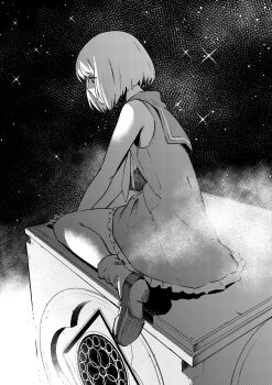 1boy absurdres block_(object) bob_cut catherine:_full_body catherine_(game) commentary_request crossdressing crossdressing_(mtf) dress frilled_dress frills from_behind greyscale highres kyou_(kyou22032) looking_down mary_janes monochrome necktie rin_(catherine) school_uniform serafuku shoes short_hair sitting sitting_on_object sleeveless sleeveless_dress socks solo star_(sky) trap wariza