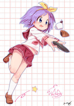 Rule 34 | 1girl, aq gohan, blue eyes, bow, bow hairband, brown shoes, commentary request, croissant, cup, food, full body, grid background, hairband, highres, hiiragi tsukasa, leg up, loafers, long sleeves, looking at object, lucky star, medium hair, midriff peek, miniskirt, navel, neckerchief, open mouth, outline, outstretched arms, plate, pleated skirt, purple hair, red neckerchief, red sailor collar, red skirt, ryouou school uniform, sailor collar, school uniform, serafuku, shirt, shoes, skirt, socks, solo, star (symbol), teacup, tripping, white background, white shirt, white socks, yellow bow, yellow hairband