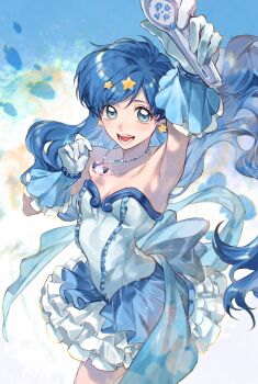 Rule 34 | 1girl, arm up, armpits, back bow, bare shoulders, bead bracelet, beads, blue bow, blue dress, blue eyes, blue gloves, blue hair, blue theme, bow, bracelet, breasts, cowboy shot, dress, earrings, frilled dress, frilled gloves, frills, gloves, hair ornament, hand up, highres, holding, holding microphone, houshou hanon, houshou hanon (idol), idol, idol clothes, jewelry, light blush, long hair, looking at viewer, magical girl, mermaid melody pichi pichi pitch, microphone, necklace, open mouth, shell, shell necklace, small breasts, smile, solo, star (symbol), star earrings, star hair ornament, strapless, strapless dress, teeth, xuchuan