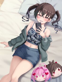 Rule 34 | 1girl, cellphone, character request, highres, idolmaster, idolmaster cinderella girls, lying, mole, mole under eye, navel, okuri banto, phone, sharp teeth, shorts, smile, solo, sunazuka akira, teeth, twintails, yumemi riamu