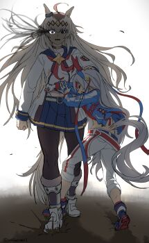 2girls absurdres ahoge animal_ears arm_at_side arms_up backlighting boots brown_hair btmr_game clenched_hand constricted_pupils dirty_footwear ear_covers ear_ornament fingerless_gloves floating_hair full_body gloves glowing glowing_sclera grey_hair grey_tail hairband half-closed_eye hand_on_another&#039;s_head height_difference highres holding_back horse_ears horse_girl horse_tail jacket kej3516 long_hair long_sleeves looking_at_viewer midriff_peek miniskirt mud multicolored_hair multiple_girls navel oguri_cap_(starlight_beat)_(umamusume) oguri_cap_(umamusume) open_mouth pants pantyhose pleated_skirt pushing shaded_face shirt shoes skirt struggling tail tamamo_cross_(umamusume) tamamo_cross_(with_lightning_speed)_(umamusume) two-tone_hair umamusume v-shaped_eyebrows very_long_hair walking white_hair wide-eyed