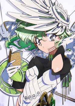 Rule 34 | 1990s (style), 1girl, black eyes, book, earrings, elbow cutout, gloves, green hair, hair ornament, hair wings, hat, highres, holding, holding book, jewelry, leotard, looking at viewer, multicolored leotard, original, retro artstyle, short hair, simple background, sparkling eyes, thick eyebrows, yo-co