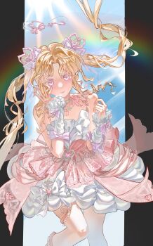 Rule 34 | 1girl, absurdres, anjizi42151, arm bow, arm warmers, bare shoulders, bead necklace, beads, black border, blonde hair, blue sky, border, bow, bubble skirt, choker, circle skirt, closed mouth, cloud, colored eyelashes, cone hair bun, day, double bun, dreamtime bestowed (infinity nikki), dress, dress bow, eyes visible through hair, feet out of frame, floating clothes, floating hair, frilled arm warmers, frills, hair bow, hair bun, hair ornament, hair ribbon, halo, hand on own cheek, hand on own face, happy, heart, heart hair ornament, highres, infinity nikki, jewelry, knee up, knees, lace-trimmed choker, lace trim, layered dress, leg ribbon, light blush, light rays, lipstick, long hair, long sidelocks, looking at viewer, makeup, neck ribbon, necklace, nikki (series), outdoors, outside border, parted bangs, pillarboxed, pink bow, pink dress, pink halo, pink lips, pink ribbon, purple eyes, rainbow, ribbon, ribbon earrings, ringlets, short dress, sidelocks, skirt, sky, sleeveless, sleeveless dress, smile, solo, spaghetti strap, sun, sunbeam, sunlight, twintails, very long hair, wavy hair, white arm warmers, white choker, white dress, wrist bow