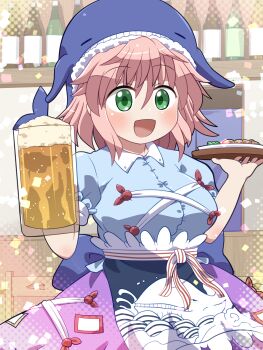 1girl :d apron beer_mug blue_shirt blush collared_shirt commentary_request commission contrast_collar cowboy_shot cup food green_eyes hair_between_eyes highres holding holding_cup holding_tray indoors mug okunoda_miyoi open_mouth pink_hair pixiv_commission plate purple_skirt rokugou_daisuke shirt short_hair short_sleeves skirt smile solo touhou tray waist_apron whale_hat white_apron