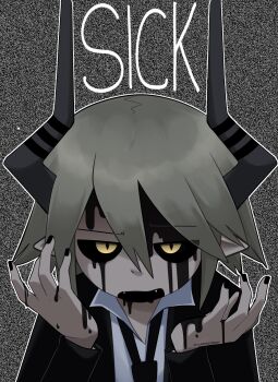 1boy black_blood black_jacket black_nails black_necktie black_sclera blood blood_from_mouth blood_on_face blood_on_hands collared_shirt colored_sclera commentary demon demon_boy demon_horns english_commentary english_text fangs funamusea grey_hair grey_horns highres horns jacket jitome looking_at_viewer male_focus necktie open_mouth outline pointy_ears redscarfy shirt short_hair sidelocks solo static sullivan_(funamusea) sutare_yume text_focus white_outline white_shirt yellow_eyes