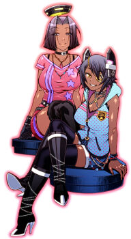 Rule 34 | 2girls, black legwear, boots, breasts, casual, chiba toshirou, cleavage, dark-skinned female, dark skin, eyepatch, ganguro, grin, gyaru, hair intakes, headgear, high heel boots, high heels, hood, hoodie, kantai collection, kogal, large breasts, looking at viewer, multiple girls, off shoulder, purple hair, short hair, sitting, skirt, smile, tan, tatsuta (kancolle), tenryuu (kancolle), thigh boots, thighhighs, yellow eyes