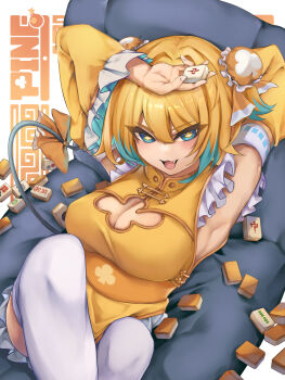 Rule 34 | 1girl, armpits, arms up, blonde hair, blue eyes, blue streaks, blush, bombergirl, bow, breasts, china dress, chinese clothes, cleavage, cleavage cutout, clothing cutout, clover-shaped pupils, clover cutout, commentary request, detached sleeves, double bun, dress, fang, hair bun, highres, holding, holding mahjong tile, large breasts, looking at viewer, mahjong, mahjong tile, medium hair, motsu (kirabeatkila), open mouth, pine (bombergirl), solo, symbol-shaped pupils, tail, tail bow, tail ornament, thighhighs, white thighhighs, yellow bow, yellow dress, yellow sleeves