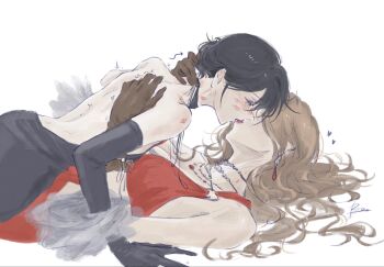 2girls augustus_(path_to_nowhere) backless_dress backless_outfit black_dress black_gloves black_hair blush breasts brown_hair chief_(path_to_nowhere) choryu_desu cleavage closed_eyes commentary_request dress earrings elbow_gloves female_chief_(path_to_nowhere) gloves hand_on_another&#039;s_back hand_on_another&#039;s_neck heart highres jewelry kiss korean_commentary large_breasts lipstick_mark lipstick_mark_on_face lipstick_mark_on_neck lipstick_mark_on_shoulder multiple_girls necklace path_to_nowhere red_dress simple_background trembling white_background yuri