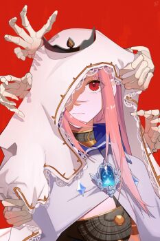 1girl black_tiara bone commentary english_commentary highres hololive hololive_english long_hair mori_calliope ninochuu pink_hair red_background red_eyes simple_background skeleton tiara veil virtual_youtuber white_veil