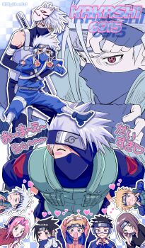 2girls 6+boys absurdres age_comparison bandaged_arm bandages bare_shoulders black_gloves black_hair black_headband black_mask black_pants black_shirt blonde_hair blue_pants blue_shirt blue_shorts blue_sleeves blush_stickers blythecd brown_hair character_name chibi chibi_inset closed_eyes commentary_request dated detached_sleeves facial_mark flak_jacket furrowed_brow gloves goggles green_vest grey_eyes grey_hair grey_vest hair_between_eyes hands_on_own_hips haruno_sakura hatake_kakashi hatake_sakumo headband headband_over_one_eye heart heart_hands heterochromia highres jacket konohagakure_shinobi_uniform konohagakure_symbol mask mouth_mask multiple_boys multiple_girls multiple_views namikaze_minato naruto_(classic) naruto_(series) nohara_rin one_eye_closed open-toe_shoes open_mouth orange_hair pants parted_lips pink_hair red_eyes red_shirt sharingan shirt short_hair shorts single_blush_sticker sleeveless sleeveless_turtleneck smile spiked_hair sweatdrop sword sword_on_back time_paradox turtleneck uchiha_obito uchiha_sasuke uzumaki_naruto vest weapon weapon_on_back whisker_markings