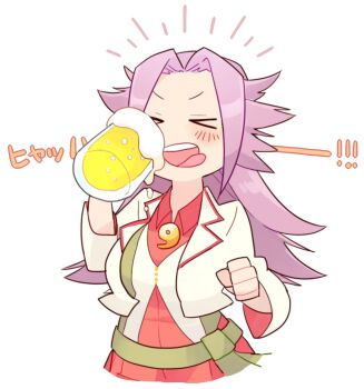 Rule 34 | > <, 1girl, alcohol, beer, beer mug, breasts, chibi, chibi only, clenched hand, closed eyes, collared shirt, commentary request, cup, foam, highres, holding, holding cup, jun'you (kancolle), jun'you kai ni (kancolle), kantai collection, long hair, long sleeves, magatama, mug, ohagi (iihatobu05), open mouth, purple hair, red shirt, shirt, simple background, solo, spiked hair, tongue, white background