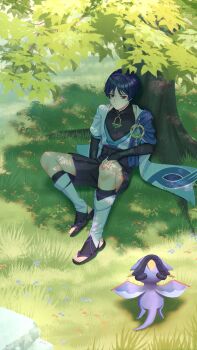 Rule 34 | 1boy, absurdres, against tree, anemo symbol (genshin impact), aqua gem, armor, belt, black belt, black bodysuit, black bow, black eyes, black hair, black sandals, black shorts, blue cape, blue kimono, blue sleeves, blunt ends, bodysuit, bow, cape, choppy bangs, closed mouth, commentary, covered collarbone, dragon, durin (genshin impact), expressionless, eyeliner, feathers, full body, furisode, gem, genshin impact, gold, grass, hakama, hakama shorts, hand on own knee, hazuki hachi, highres, japanese armor, japanese clothes, juban, kimono, kote, kurokote, layered sleeves, leg warmers, looking at animal, makeup, male focus, mini durin (genshin impact), open clothes, open kimono, outdoors, pleated shorts, pom pom (clothes), purple sash, red eyeliner, rock, sandals, sash, scaramouche (genshin impact), short sleeves, shorts, shoulder peek, small dragon, stirrup legwear, toeless legwear, toenails, toes, tree, tree shade, tsurime, wanderer (genshin impact), white kimono, white leg warmers, white sleeves, yellow feathers, zouri