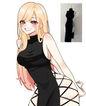 Rule 34 | 1girl, alternate costume, arms behind back, bare arms, bare shoulders, black dress, blonde hair, blush, breasts, commentary, cowboy shot, dress, english commentary, gradient hair, grin, hair between eyes, hair over shoulder, kitagawa marin, long hair, medium breasts, miovartz, multicolored hair, parted lips, pink eyes, pink hair, reference inset, sideboob, sleeveless, sleeveless dress, smile, solo, sono bisque doll wa koi wo suru, straight hair, teeth, thighs, white background