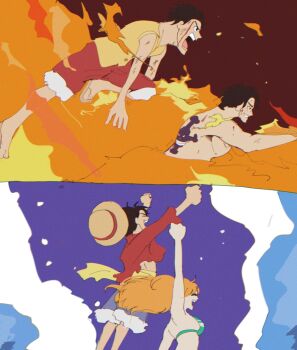 1girl 2boys arm_up arms_up back_tattoo bikini black_hair blood blood_on_face blue_sky breasts brothers bruise bruise_on_arm bruise_on_face commentary dr000mi embers feet_out_of_frame fire from_side fur-trimmed_shorts fur_trim green_bikini hat highres injury long_hair medium_breasts monkey_d._luffy multiple_boys nami_(one_piece) one_piece one_piece_fan_letter open_mouth orange_hair outdoors portgas_d._ace profile red_shorts sandals sash short_hair shorts siblings sky straw_hat swimsuit symbol-only_commentary tattoo unworn_hat unworn_headwear upper_body vest water yellow_sash yellow_vest