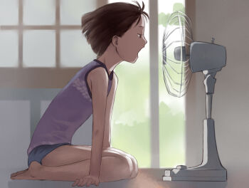 1girl backlighting barefoot brown_eyes brown_hair commentary_request day electric_fan fan_speaking fanning_face female_focus from_side full_body highres hot indoors kneeling muted_color open_mouth original profile shade shirt short_hair short_shorts shorts sleeveless sleeveless_shirt solo summer takamichi