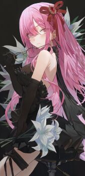 1girl absurdres alternate_costume backless_dress backless_outfit breasts closed_mouth commentary dress earrings elbow_gloves expressionless floral_background flower frilled_dress frills from_side glasses gloves hair_ribbon halter_dress halterneck hand_up highres holding holding_flower holding_removed_eyewear hololive hololive_english jewelry large_breasts long_hair long_sidelocks looking_at_viewer lying mori_calliope on_stomach pink_eyes pink_hair red_dress ribbon short_dress sidelocks single_sidelock sitting sleeveless sleeveless_dress solo starshell unworn_eyewear very_long_hair virtual_youtuber white_flower