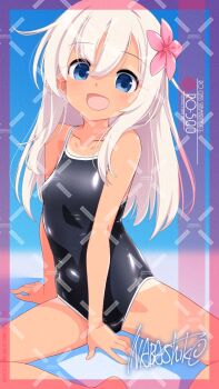 1girl adversarial_noise artist_name blonde_hair blue_eyes character_name commentary_request competition_school_swimsuit feet_out_of_frame flower hair_flower hair_ornament highres inaba_shiki kantai_collection long_hair looking_at_viewer one-piece_tan open_mouth ro-500_(kancolle) school_swimsuit signature smile solo swimsuit tan tanline watermark watermark_grid