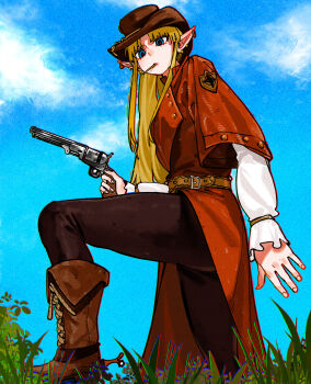 1girl absurdres badge belt black_pants blonde_hair blue_eyes boots bracelet brown_boots brown_hat chromatic_aberration cloud coat cowboy_boots cowboy_hat duster_coat earrings from_below grass gun handgun hat highres holding holding_gun holding_weapon jewelry kamisato_sora laces layered_sleeves long_hair long_sleeves looking_at_viewer mouth_hold original outdoors pants pointy_ears revolver short_over_long_sleeves short_sleeves sky solo spurs stalk_in_mouth weapon