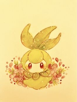 absurdres blush bright_pupils commentary_request flower full_body gen_5_pokemon highres looking_at_viewer nintendo no_humans painting_(medium) petals petilil pink_flower pokemon pokemon_(creature) red_eyes simple_background solo traditional_media watercolor_(medium) white_pupils yukichi_0611