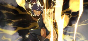1girl alternate_form angry animal_ears attack aura backless_leotard backless_outfit bare_arms bare_shoulders black_bodysuit black_leotard bleach bleach:_brave_souls bleach:_sennen_kessen-hen bodysuit boots breasts cat_ears cat_girl cleavage collar curvy dark-skinned_female dark_background dark_skin dynamic_pose electricity electrokinesis energy feet_out_of_frame fighting_stance glowing hair_ears hair_ornament hair_ribbon hair_tie high_collar high_ponytail highleg highleg_leotard highres impossible_bodysuit impossible_clothes impossible_leotard incoming_attack large_breasts leotard lightning long_hair looking_at_viewer official_art open_mouth outstretched_arm parted_bangs perky_breasts ponytail purple_hair ribbon second-party_source serious shihouin_yoruichi shiny_clothes shouting sideboob skin_tight sleeveless solo solo_focus thigh_boots thighhighs tight_clothes toned toned_female v-shaped_eyebrows wristband yellow_eyes