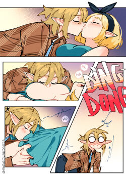 1boy 1girl bare_shoulders blonde_hair blue_dress blue_eyes breasts carrying couple dress elf english_text closed_eyes hetero highres interrupted kiss link lying nintendo on_back pointy_ears princess_carry princess_zelda snegovski speech_bubble surprised the_legend_of_zelda wide-eyed