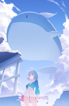 1girl absurdres arona_(blue_archive) blue_archive blue_eyes blue_hair blue_halo blue_shirt blush braid broken_wall character_name facing_viewer gun hair_over_one_eye hair_ribbon hairband halo highres holding holding_behind_back holding_gun holding_umbrella holding_weapon holding_weapon_behind_back indoors long_sleeves medium_hair miniskirt multicolored_hair pink_hair ribbon sailor_collar samgong school_uniform serafuku shirt single_braid skirt smile solo standing thighs two-tone_hair umbrella weapon whale white_hairband white_ribbon white_sailor_collar white_skirt