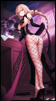 1girl ass blonde_hair bondage_outfit braid breast_curtains commentary_request commission elbow_gloves enamel_leather_dark_nurse fishnet_pantyhose fishnets full_body girls&#039;_frontline girls&#039;_frontline_2:_exilium gloves hat high_heels highres katsuten licking_lips long_hair looking_at_viewer mole mole_under_eye nurse_cap pantyhose pelvic_curtain qiuhua_(girls&#039;_frontline_2) shiny_clothes skeb_commission solo standing tongue tongue_out type_97_shotgun type_97_shotgun_(girls&#039;_frontline) very_long_hair yellow_eyes