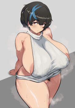 1girl absurdres areola_slip black_hair blue_hair bottomless breasts female_pubic_hair from_above grey_background grey_sweater guilty_gear guilty_gear_strive guilty_gear_strive:_dual_rulers highres huge_breasts hwanh leaning_back multicolored_hair pubic_hair pussy red_eyes short_hair sideless_outfit sideless_sweater sleeveless sleeveless_sweater solo standing streaked_hair sweat sweater thick_thighs thighs unika_(guilty_gear)