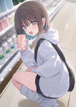 1girl absurdres black_skirt blue_hair blurry blush brown_eyes brown_hair can colored_inner_hair commentary_request crossbody_bag depth_of_field dot_nose highres holding holding_can hood hood_down hoodie indoors long_sleeves looking_at_viewer loose_socks multicolored_hair okishiro_momoka_(shin_no_tenpii) open_mouth original shin_no_tenpii short_hair skirt socks solo squatting white_hoodie white_socks