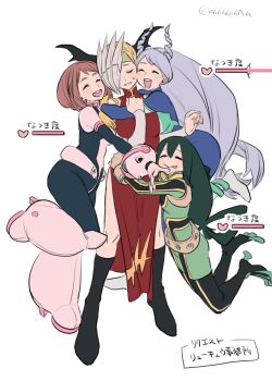 Rule 34 | 4girls, :d, :p, arms around waist, artist name, asui tsuyu, asui tsuyu (hero outfit), bare shoulders, black bodysuit, black footwear, blonde hair, bodysuit, boku no hero academia, boots, brown hair, closed eyes, commentary, dress, drill hair, eyelashes, green bodysuit, green hair, group hug, hado nejire, hair rings, hand on another's arm, health bar, heart, high heel boots, high heels, hug, knee boots, kneeling, leg up, long hair, low-tied long hair, multiple girls, ohhhhhhtsu, open mouth, pelvic curtain, pink bodysuit, pink boots, purple hair, red dress, ryuukyuu, short hair, side slit, simple background, smile, standing, sweatdrop, teeth, tongue, tongue out, translated, turtleneck, turtleneck dress, twitter username, upper teeth only, uraraka ochako, uraraka ochako (hero outfit), very long hair, white background