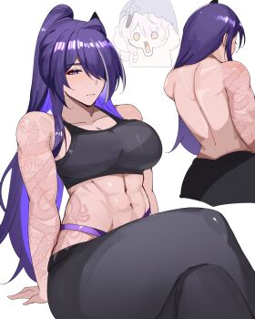 1girl abs absurdres acheron_(honkai:_star_rail) alternate_costume arm_tattoo arnkun black_swan_(honkai:_star_rail) breasts cleavage commentary crossed_legs english_commentary eyeliner hair_over_one_eye highres honkai:_star_rail honkai_(series) large_breasts makeup midriff muscular muscular_female navel pants ponytail purple_eyes purple_hair red_eyeliner tank_top tattoo white_streaks