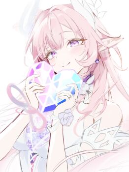 1girl bare_shoulders bracelet breasts cyrene_(honkai:_star_rail) cyrene_(ripples_of_past_reverie)_(honkai:_star_rail) detached_sleeves dress earrings flower hair_flower hair_ornament heart highres honkai:_star_rail honkai_(series) jewelry large_breasts long_hair pink_eyes pink_hair pointy_ears single_earring sua731281745009 upper_body white_dress