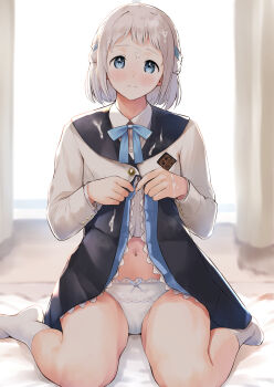 1girl absurdres bare_legs bashosho bed_sheet black_overskirt blue_eyes blue_ribbon blue_skirt blush braid clothes_lift commentary_request cum cum_on_body cum_on_clothes cum_on_hair facial fingernails gakuen_idolmaster grey_hair hair_ribbon half_up_braid hatsuboshi_gakuen_school_uniform highres idolmaster indoors jacket katsuragi_lilja lifting_own_clothes long_sleeves looking_at_viewer navel neck_ribbon panties ribbon ribbon_braid school_uniform shirt short_hair sitting skirt skirt_lift socks solo stomach textless_version underwear wariza white_jacket white_panties white_shirt white_socks