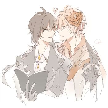 Rule 34 | 004s 4, 2boys, book, genshin impact, heart, image sample, multiple boys, pixiv, pixiv sample, reading, tartaglia (genshin impact), white background, yaoi, zhongli (genshin impact)