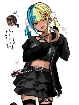 1boy 1girl absurdres aqua_hair black_hair black_mask blonde_hair blue_eyes blush breasts canari_(pokemon) dark-skinned_female dark-skinned_male dark_skin highres jacket kairi0w0 long_hair long_sleeves looking_at_viewer mask mouth_mask multicolored_hair naveen_(pokemon) nintendo open_clothes open_jacket open_mouth pokemon pokemon_legends:_z-a shirt short_twintails simple_background skirt smile speech_bubble split-color_hair thighhighs twintails two-tone_hair two-tone_mask white_background yellow_mask