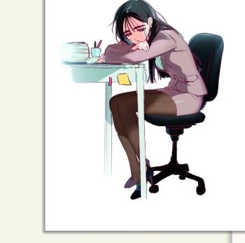 1girl alien_stage alternate_costume arms_on_table artistic_error black_hair black_pantyhose chair commentary cup english_commentary grey_jacket grey_skirt jacket long_hair lubya office_chair office_lady on_chair pantyhose paper_stack pencil_skirt purple_eyes sitting skirt solo sticky_note sua_(alien_stage) suit_jacket swivel_chair