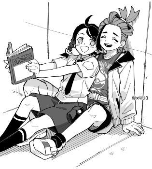 Rule 34 | 1boy, 1girl, absurdres, blush, book, braid, closed eyes, collared shirt, commentary request, greyscale, hair ornament, hetero, highres, holding, holding book, jacket, juliana (pokemon), kieran (pokemon), kneeling, long sleeves, mole, mole on neck, monochrome, necktie, nintendo, open clothes, open jacket, open mouth, pokemon, pokemon sv, sakake asobi, shirt, shoes, short sleeves, shorts, sitting, sitting on lap, sitting on person, socks, tank top, twitter username