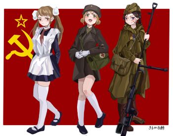 3girls apron black_hair blonde_hair braid chinese_commentary commentary first_aid_kit gbm_(white_whale) green_eyes hat highres multiple_girls original red_eyes school_uniform soviet soviet_army soviet_school_uniform thighhighs white_apron white_thighhighs