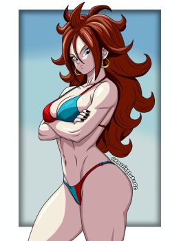 1girl android_21 arms_under_breasts bikini blue_eyes breasts brown_hair cleavage crossed_arms dragon_ball earrings female_focus highres hoop_earrings jewelry large_breasts long_hair looking_at_viewer lukagc nail_polish navel solo swimsuit